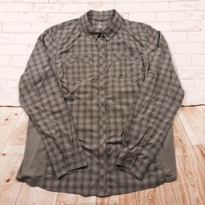REI Camp Shirt Womens XL Outdoor Hiking Gray Snaps Plaid Nylon Spandex
